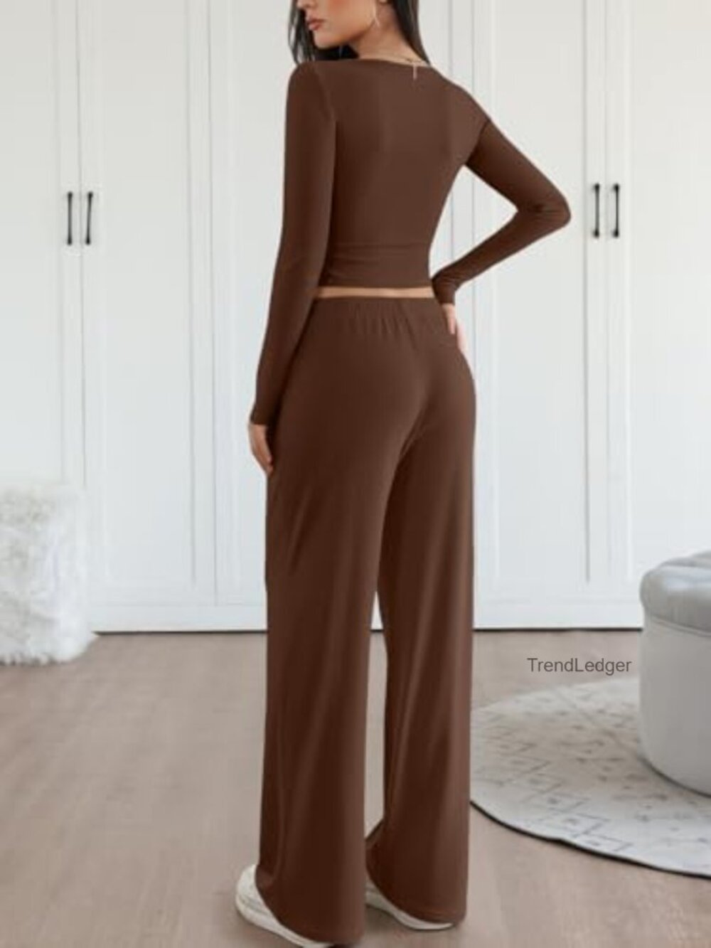2 Piece Lounge Set Women Matching Sweatsuit Travel Outfits Long Sleeve Top Wide - Picture 4 of 6
